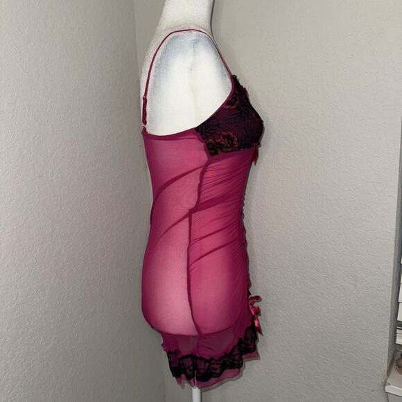 Flora Pink & Black Sheer Babydoll Lingerie Slip Dress Women's S/M Coquette Y2K - Picture 2 of 9